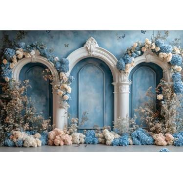 Imagem de YongFoto Arco floral europeu 2,1 x 1,5 m hortênsia flor borboleta parede azul romântico retrô fotografia fundo aniversário chá de panela festa de casamento banner retratos sessão de fotos papel de