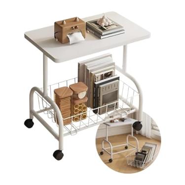 Imagem de Mesa Lateral Auxiliar com Rodinhas e Cesto Organizador Removível 43x30x57cm Branca de Ferro e MDF - Mesinha de Apoio Móvel Multiuso para Café, Decoração ou Notebook | Sala, Quarto e Escritório