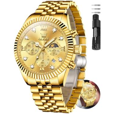 Imagem de OLEVS Relógio masculino, relógios masculinos clássicos prateados, à prova d'água, aço inoxidável, números romanos, relógio masculino fácil de ler, Pulseira de ouro, face dourada-2932, Round, relógio
