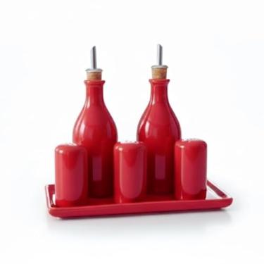 Imagem de Galheteiro Gourmet 6 Peças em Cerâmica Elegância e Organização para sua Mesa Posta,Bandeja e Bico Dosador – Porta Azeite, Vinagre, Sal,Pimenta e paliteiro (VERMELHO)