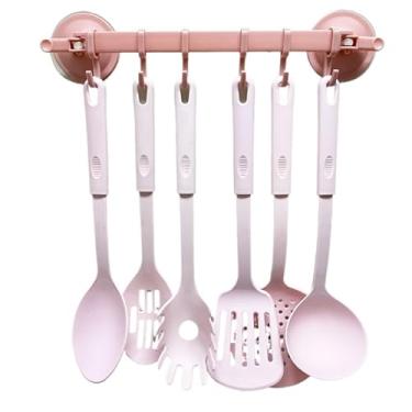 Imagem de Conjunto 6 Utensilios com Gancho de Cozinha de Nylon Colher Concha Escumadeira Espátula Pegadores (KIT ROSA CLARO COM SUPORTE)