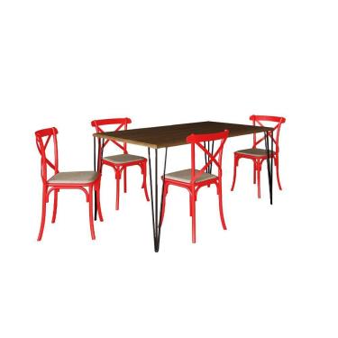 Imagem de Conjunto De Mesa Elen Retangular Tampo De Madeira 140X80Cm Amêndoa Com 4 Cadeiras Katrina Vermelha A