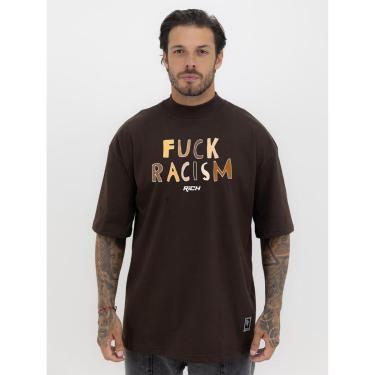 Imagem de Camiseta Camisa Oversized Gola Alta Estampa Fuck Rascim Racismo Streetwear Algodão Premium Marrom-Masculino