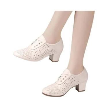 Imagem de Sapatos Femininos Brancos Respiráveis Com Cadarço, Salto Alto, Bico Re