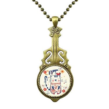 Imagem de DIYthinker Colar de desenho animado fofo de gato com flor de pássaro e pingente de música de guitarra antiga