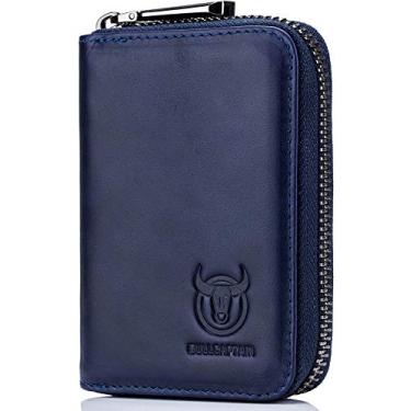 Imagem de BULLCAPTAIN Carteira masculina de couro genuíno com porta-cartões com zíper para cartão de crédito, Azul, 4.33" x 3.15" x 0.78", Vintage