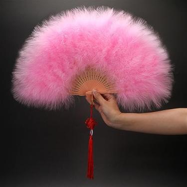 Imagem de Leque dobrável elegante ventilador dobrável de veludo completo leque de penas brancas coloridas nó chinês ventilador de mão fada menina dança decoração de festa de casamento acessórios decorativos feitos à mão (cor: 04)