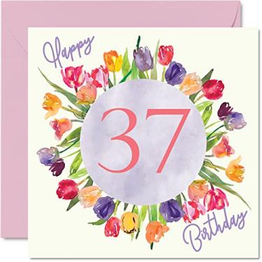 Imagem de Lindos cartões de aniversário de 37 anos para mulheres - buquê de flores de tulipas aquarela - cartão de feliz aniversário para sua filha tia irmã amiga , 14 x 14 cm, lindo presente floral cartões de felicitações