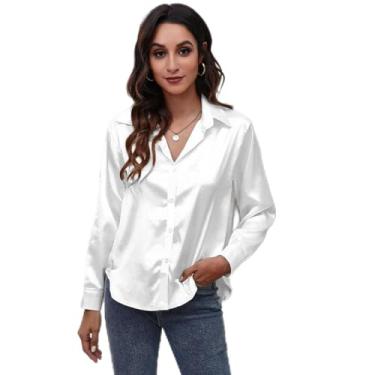 Imagem de ZIRIA Blusa de cetim blusa de seda elegante manga longa solta blusas femininas camisas de roupas, Branco, XG