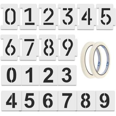 Imagem de HFKPJRT Kit de pintura de número de meio-fio, kit de estêncil reutilizável de 0 a 9 mm para pintura de endereços, kit de estênceis numéricos de plástico de 10 e 7,6 cm, 14 mm com fita adesiva para