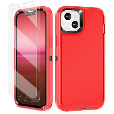 Imagem de I-HONVA Capa para iPhone 14 Plus com 2 películas protetoras de tela de vidro temperado à prova de choque, 3 camadas de proteção total, resistente, resistente, durável para Apple iPhone 14 Plus de 6,7 polegadas, vermelha/preta