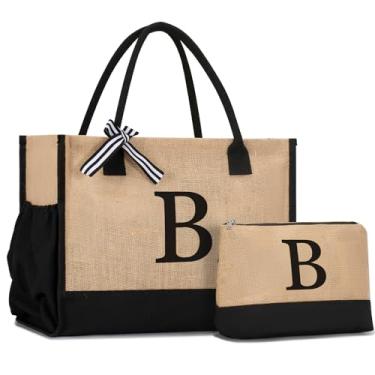Imagem de GASSDA Sacola de lona inicial, presente de aniversário para mulheres, mãe, professora, amiga, dama de honra, personalizada para casamento, férias na praia, B 2 conjuntos, Medium