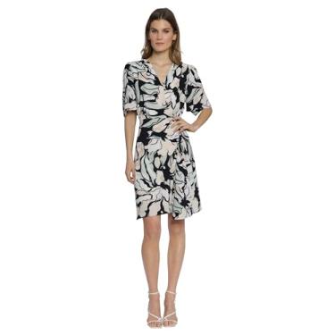 Imagem de Maggy London Vestido feminino de manga esvoaçante com corpete estampado floral e saia frontal lateral franzida, Preto/bege, 50