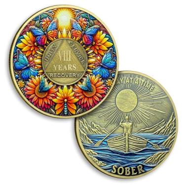 Imagem de Moeda de sobriedade de 8 anos girassol oito anos moedas de sobriedade borboleta chips AA e medalhão um dia de cada vez AA NA Coin Recovery Anniversary Token Sobriety Gifts for Men Women Alcoholics