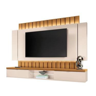Imagem de Painel Home Suspenso Ripado Led Sala Estar TV Até 70 Polegadas 2 Portas Basculantes 1 Prateleira De Vidro Illusion 2.2