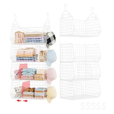 Imagem de Prateleiras suspensas de armário de 4 camadas com divisórias, armário de armazenamento extra grande com 5 ganchos S, 4 divisórias, organizador de roupas, suéteres, bolsas, bolsas, chapéus,