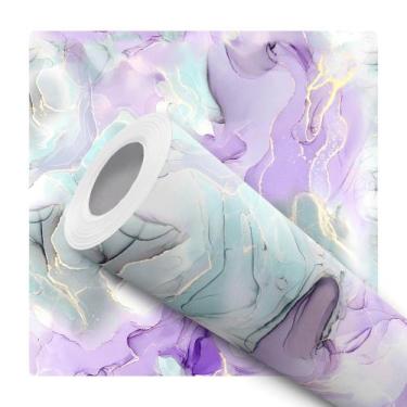 Imagem de Papel de Parede Adesivo Marmorizado Fluido Lilás Verde Cinza Moderno Q