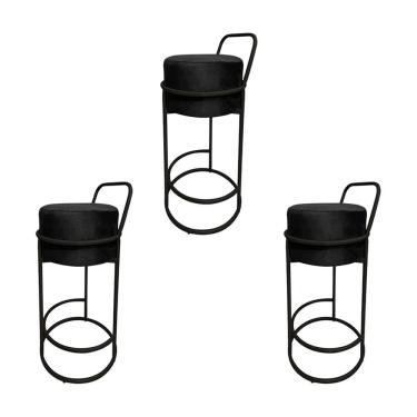 Imagem de Kit 3 Banquetas Alta Redonda Base Preta Veludo - Preto