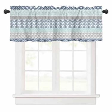 Imagem de Cortinas para janelas azul-petróleo boêmia sanefas tribais listras geométricas cortinas curtas tratamento de janela para cozinha, sala de estar, quarto, banheiro, café, decoração 1 painel 137 x 45 cm