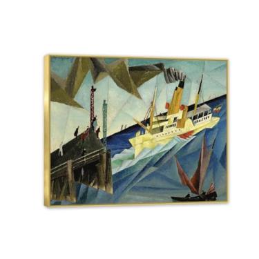 Imagem de SDYJ6GSW Lionel Feininger Arte de parede Paddle Steamer at the Landing Reprodução em tela Lyonel Feininger Pintura Poster Giclee Decoração de parede 35x30cm (14x12in) Moldura dourada