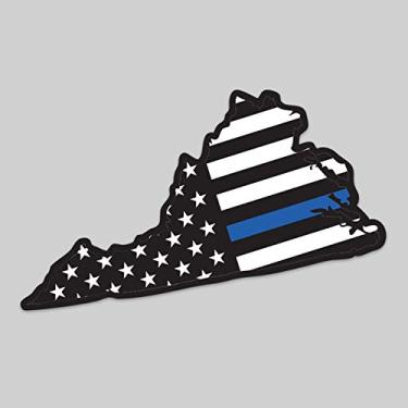 Imagem de JMM Industries Pacote com 2 adesivos de vinil Virginia State Outline American Flag Overlay Thin Blue Line | 12 cm | Decalque de vinil de qualidade premium | Laminado com laminado protetor UV | PDS2838