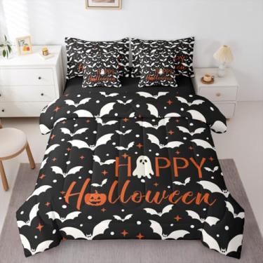 Imagem de Erosebridal Jogo de cama solteiro de morcego de Halloween, 7 peças, cama gótica de morcegos brancos em uma bolsa, conjunto de cama de bolinhas com estrelas, inclui edredom, conjunto de lençol, fronhas