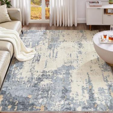 Imagem de UERMEI Tapete de área de 20 x 25 cm - Lavável, neutro, moderno, abstrato, macio, fino, tapete antiderrapante para quarto, embaixo da mesa de jantar, decoração de escritório em casa - Azul/marrom claro