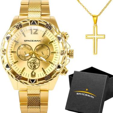 Imagem de Relogio Dourado Masculino Aço Inox + Pulseira original religioso resis