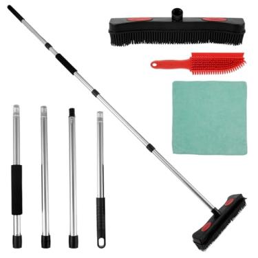Imagem de LCZNXJJY Vassoura de borracha, escova de ancinho de carpete com rodo para pelos de animais de estimação, vassoura removedora de pelo de 150 cm, vassoura de borracha eficiente para remoção de pelos de