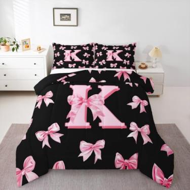 Imagem de Erosebridal Conjunto de cama casal com laço rosa, letra K, fofo, coquete, laço para meninas, crianças, adolescentes, estilo princesa, rosa, monograma, preto, edredom macio