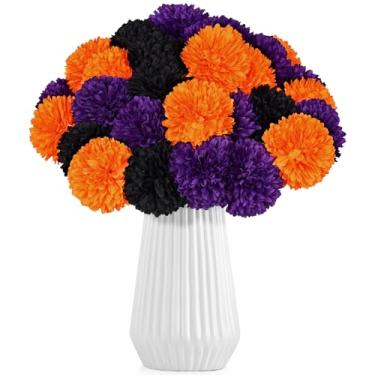 Imagem de LPREUTWN 36 peças de flores artificiais de Halloween, crisântemos, bola de seda, preto, laranja, roxo, hortênsia falsa para festa de Halloween, casa, mesa, centro de mesa, decoração de vaso