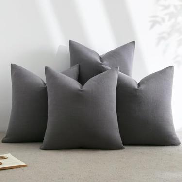 Imagem de JUSPURBET Conjunto de 4 capas de almofada decorativas de linho 50 x 50 para sofá, cama, capas de almofada macias com zíper invisível para decoração de sala de estar, cinza escuro