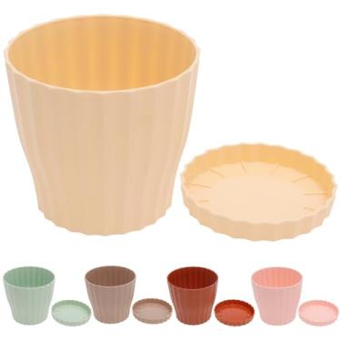 Imagem de DJAPWPX Vaso de plantas de 15 cm com orifícios de drenagem e pires de bandeja de plástico para plantas, suculentas, ervas, orquídeas, mudas, flores, multicoloridas