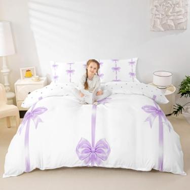 Imagem de Manfei Conjunto de capa de edredom infantil com laço, tamanho casal, estilo princesa sonhadora, meninas, meninos, decoração de quarto, romântica e fofa, capa de colcha roxa, 2 fronhas (sem edredom)