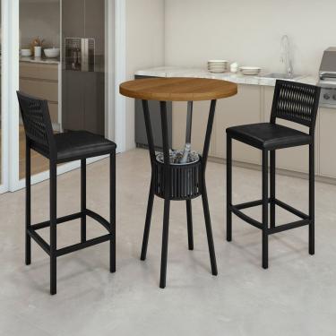 Imagem de Conjunto Mesa Bistrô Bar Tampo Madeira Maciça Ripado 70cm com 2 Banquetas Barcelona Preto/Marrom