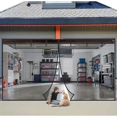 Imagem de Porta de tela magnética, malha de fibra de vidro resistente, divisória mãos livres e à prova de insetos, adequada para porta de garagem, pátios, animais de estimação (preto, 4,9 m x 2,1 m)