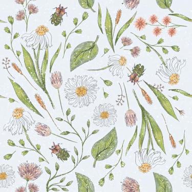 Imagem de FANCYEASY Papel de parede floral vintage flores silvestres descascar e colar papel de parede branco margarida rosa besouros folha verde papel de contato botânico para gavetas de armários 30,5 x 254 cm