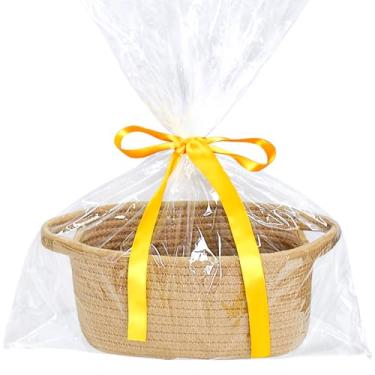 Imagem de Cesta de armazenamento pequena com saco de presente e fita, mini cesta, linda cesta de tecido de corda de algodão, cesta de prateleira, cesta decorativa boho, cesta de presente vazia