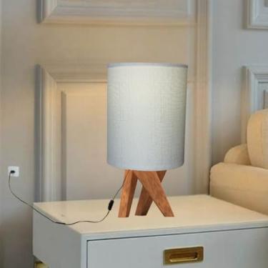 Imagem de Abajur de Mesa Vênus Palha Cúpula em Tecido Linho Premium e Tripé de Madeira Maciça