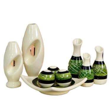 Imagem de Vaso Decorativo De CerâMica – Vaso Artesanal, Adequado Para Colocar No Centro Da Mesa De Jantar, Aparador, Alcova Ou Prateleira.(VERDE BEGE DS 9PÇS)