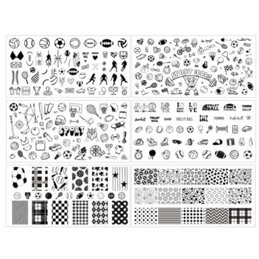 Imagem de Whaline Conjunto de 6 peças de placas de unhas esportivas, modelos de carimbos, basquete, vôlei, futebol, placas de arte para unhas para impressão faça você mesmo, design de salão de manicure