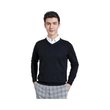 Imagem de Suéter Masculino De Malha Em Mistura De Cashmere E Algodão Com Decote 