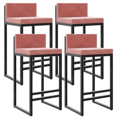 Imagem de Banquetas de veludo com altura para balcão com apoio para os pés nas costas para cozinha, banquetas modernas de metal, cadeiras de bar estofadas, bancos de ilha - rosa, 4 peças, 65 cm de altura