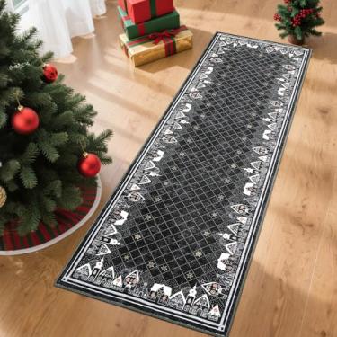 Imagem de GarveeHome Tapete de corredor de 5 x 20 cm para férias, lavável, tapete de cozinha, antiderrapante, entrada de Natal, bordado, corredor, tapete quadriculado para quarto de bebê, sala de estar, cinza