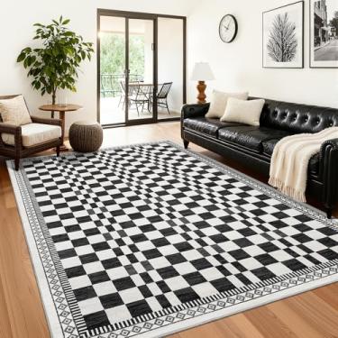 Imagem de GarveeHome Tapete lavável para quarto, moderno, abstrato, xadrez, antiderrapante, resistente a manchas, preto e branco, tapete clássico para sala de estar, dormitório, casa, berçário, quarto