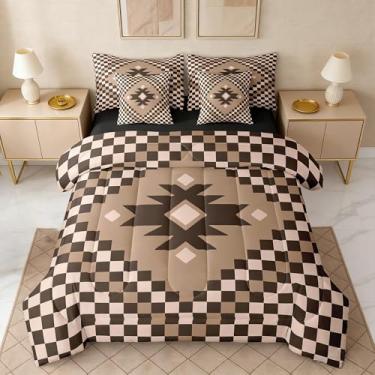 Imagem de Feelyou Conjunto de edredom asteca com 7 peças, Queen, marrom, quadriculado, para crianças, meninos, meninas, boêmio, decoração de quarto de fazenda, respirável, macio e leve em microfibra