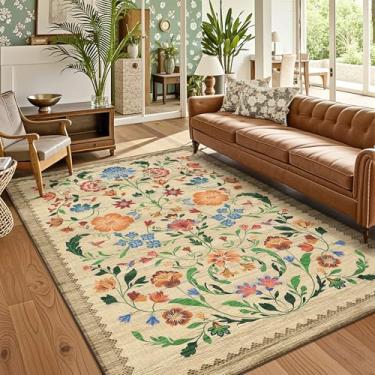 Imagem de Tapete lavável para sala de estar, tapete floral para quarto, macio boho antiderrapante com parte traseira de borracha, tapete floral vintage resistente a manchas para sala de jantar, marrom