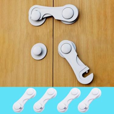 Imagem de Fechaduras de porta de armário para proteção de bebês, pacote com 4, com adesivo, sem perfuração, para gavetas, armários de geladeira e despensa
