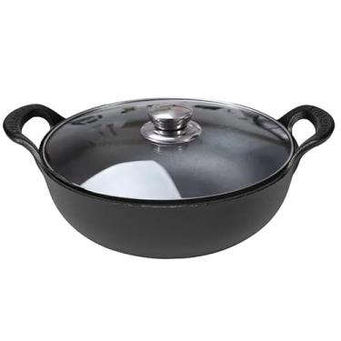 Imagem de VONOTO Wok de ferro fundido pré-temperado com alças, adequado para indução elétrica a gás todos os fogões (Wok com tampa de vidro 28 cm)