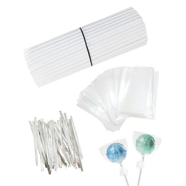 Imagem de CHELIZIYA Kit de palitos e sacos de plástico de 15 cm, palitos de pirulito brancos para doces, chocolate, acessórios de bolo incluindo 100 palitos, 100 sacos, 100 gravatas (prata)